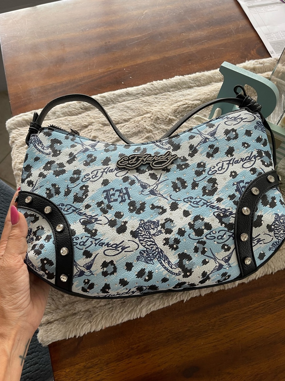 NWT Ed Hardy Blue Cheetah Rhinestone Tattoo Print Shoulder Bag Y2K⁠